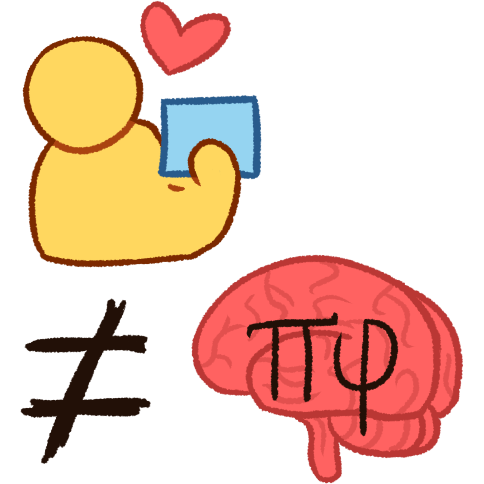 A drawing of an emoji yellow person holding a light blue box with a pink heart over the two of them in the top left corner, with a drawing in the bottom right corner of a brain with the pi and theta paraphilia symbol over top of it. In the bottom left corner is an equal sign with a line crossed through it.